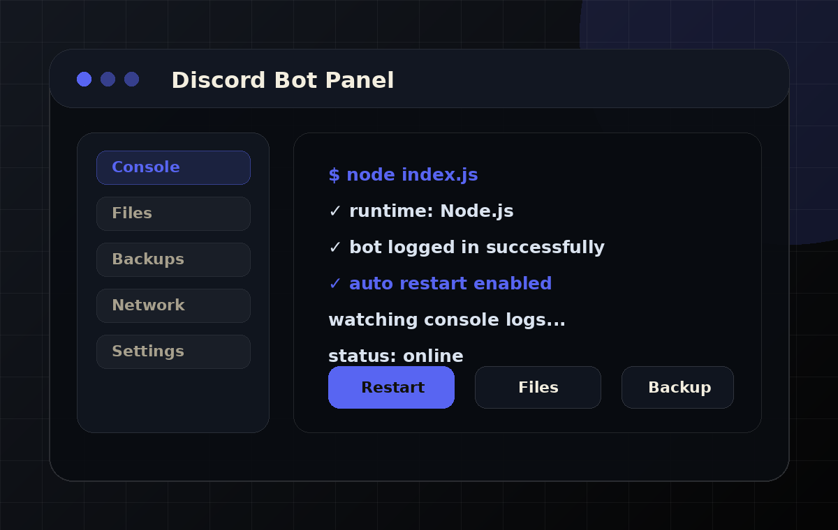 Discord bot hosting control panel preview