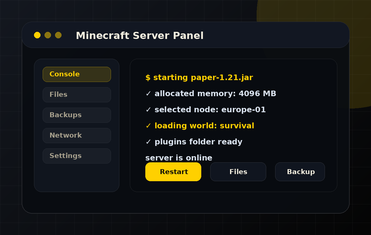 Minecraft hosting control panel preview with console, files and server stats